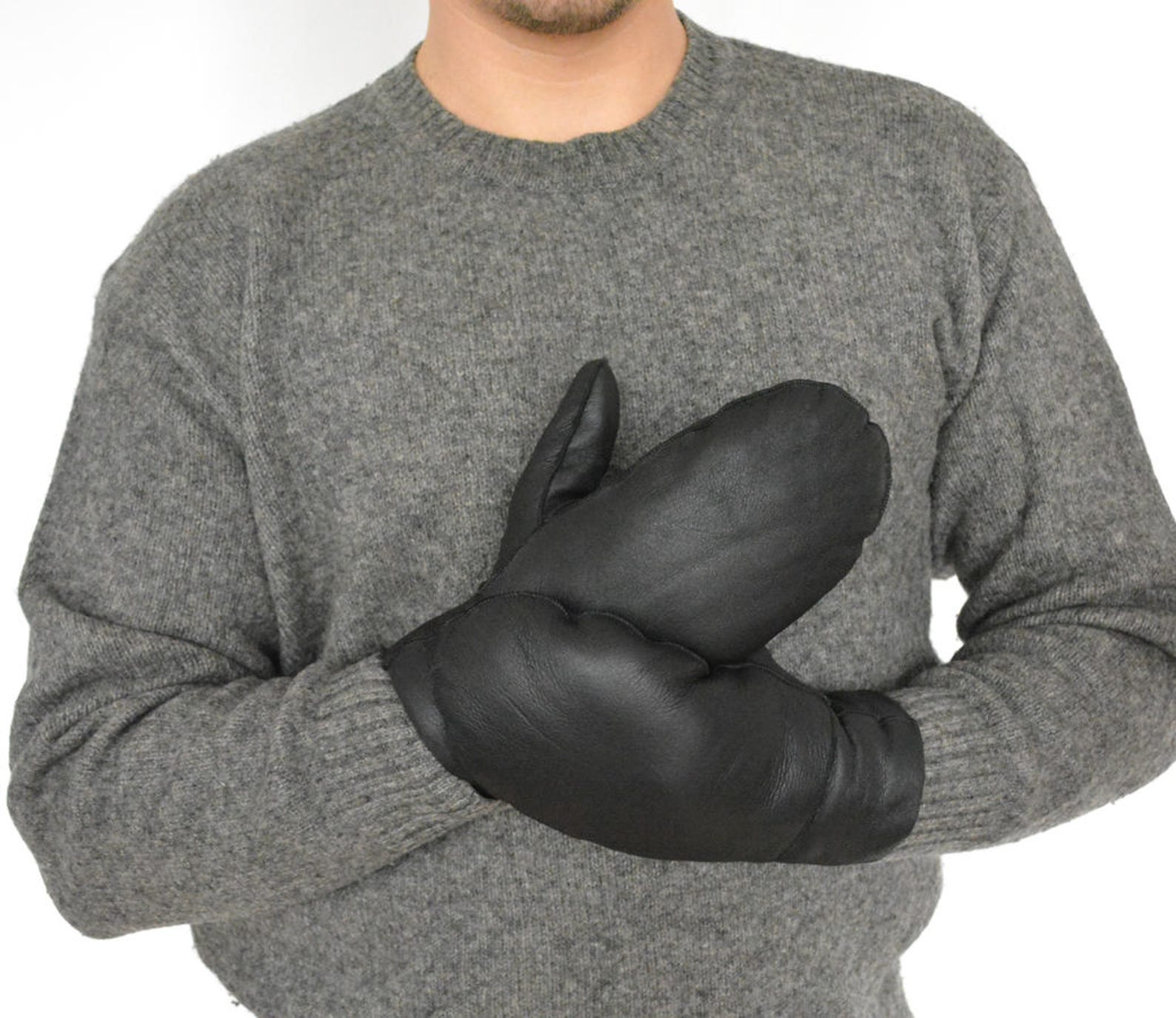 Men Leather Mittens Made With Black Sheepskin Leather and Etsy