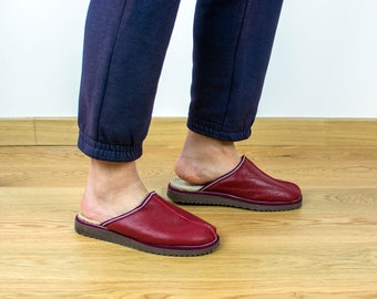 Men's Sheepskin Slippers in Red, Shearling Lined Leather House Shoes, Light Sole