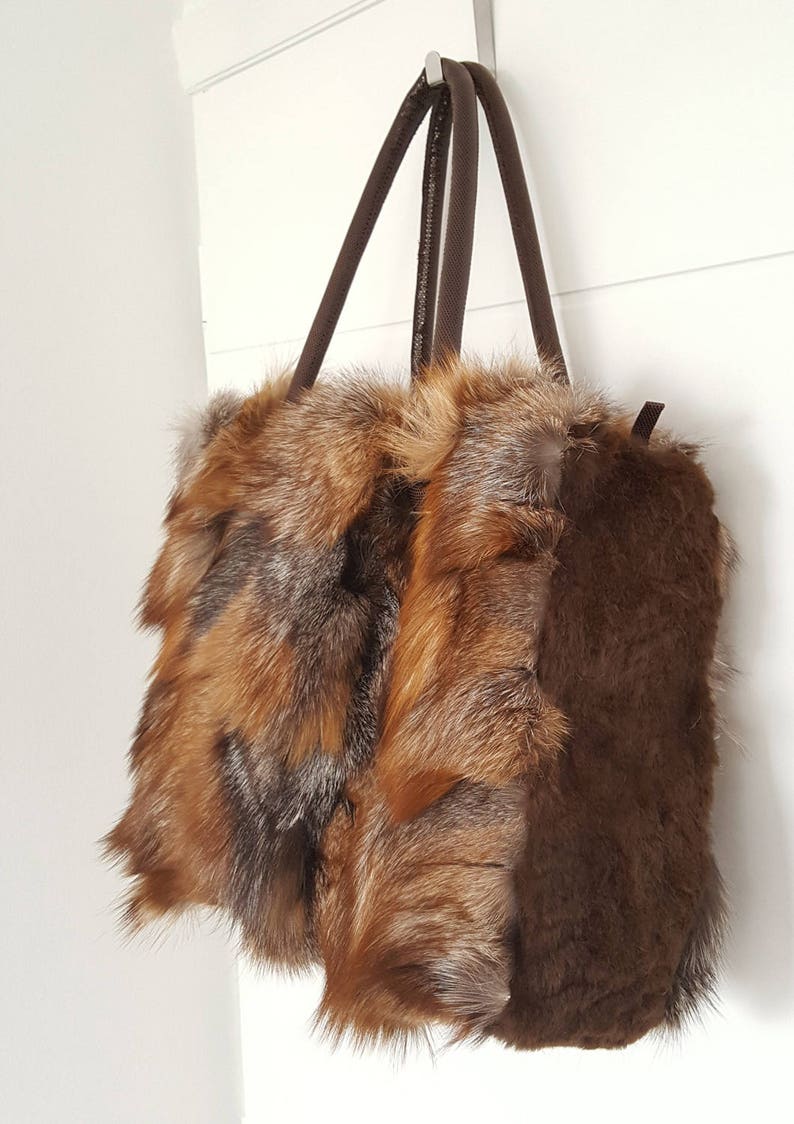 Shoulder Bag for women made with real brown fox fur and leather shoulder belts. Totally handmade womens handbag, a great gift for her image 8