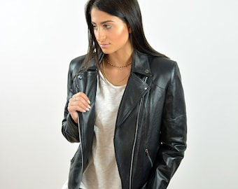Women Leather Jacket made of lamb leather in black. A classic moto bike style leather jacket for women, a great gift for her