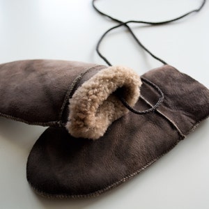 Baby mittens made with brown leather, wool inner lining and string to attach them. Totally handmade, really cute, a great gift for kids image 2