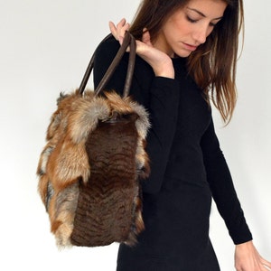 Shoulder Bag for women made with real brown fox fur and leather shoulder belts. Totally handmade womens handbag, a great gift for her image 2