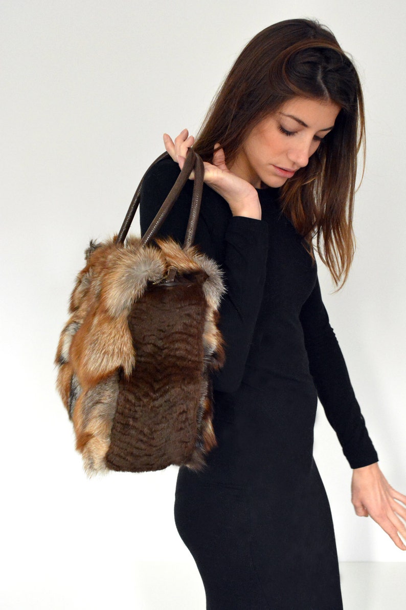 Shoulder Bag for women made with real brown fox fur and leather shoulder belts. Totally handmade womens handbag, a great gift for her image 2