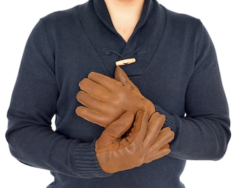 Men Leather Gloves made with tan brown sheepskin leather. Totally handmade, really warm and stylish, a great gift for him