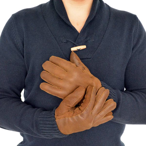 Men Leather Gloves made with tan brown sheepskin leather. Totally handmade, really warm and stylish, a great gift for him