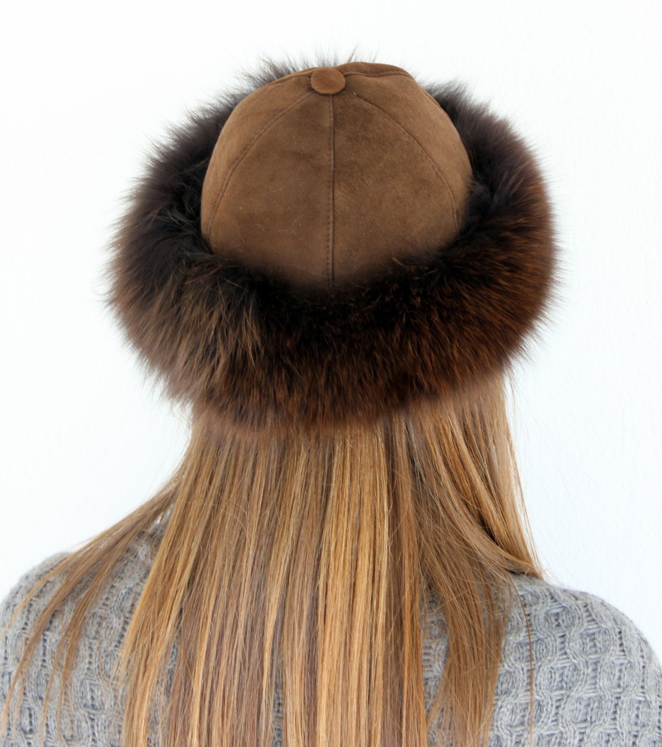 Hand made winter hat with suede and fox fur Shop Suede Crown Hat with Fox Fur Cuff – Surell Accessories main image 2