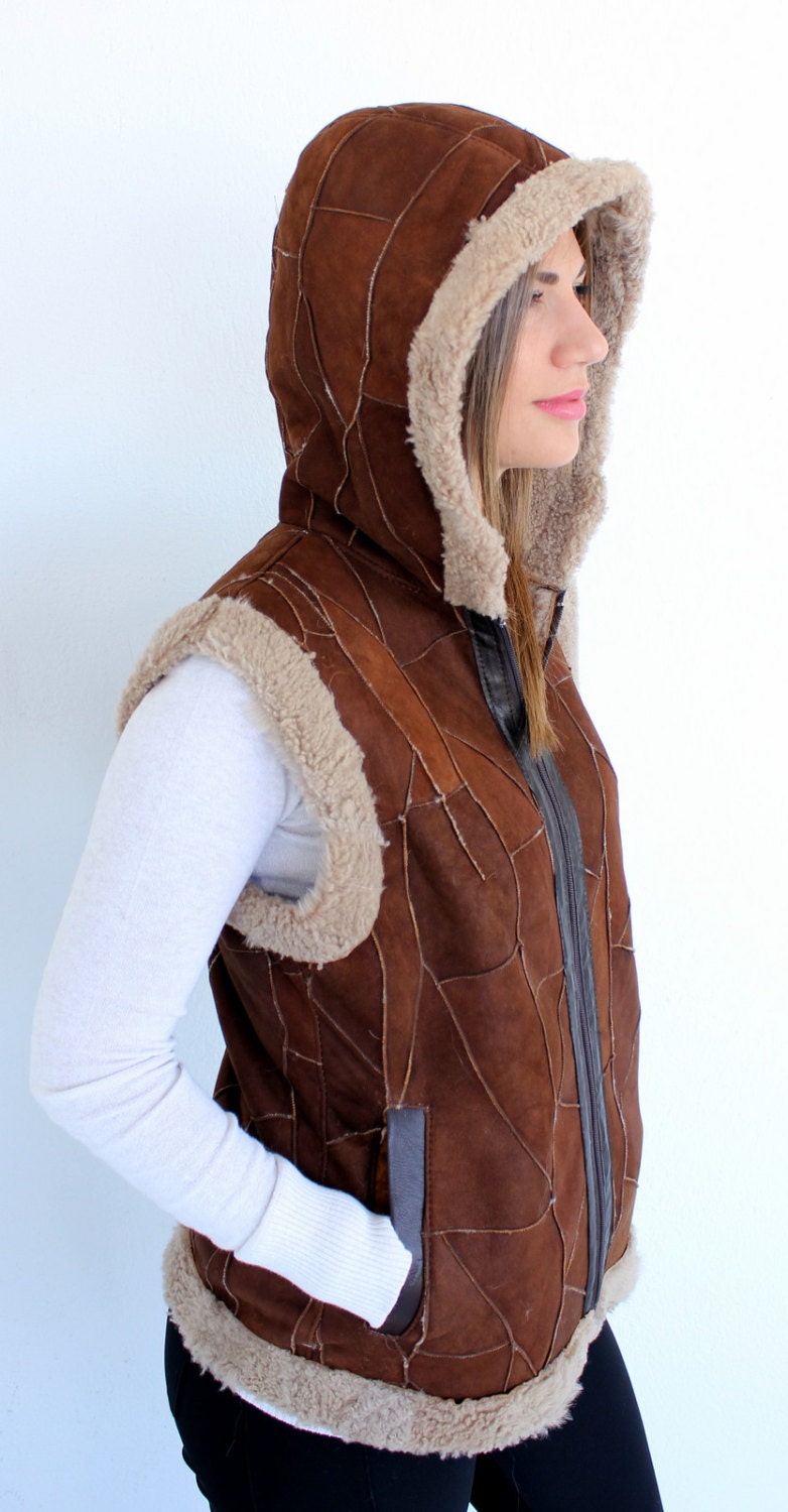 Sleeveless Leather Jacket for Women With Hoodie in Brown Made of
