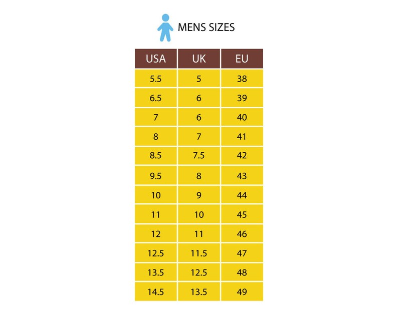 Pode incluir: Uma tabela de convers&atilde;o de tamanhos de sapatos masculinos, com tamanhos dos EUA, Reino Unido e UE. A tabela mostra tamanhos de 5,5 a 14,5 nos EUA, com os tamanhos correspondentes do Reino Unido e da UE. Os tamanhos da UE variam de 38 a 49. O texto "MENS SIZES" est&aacute; no topo.
