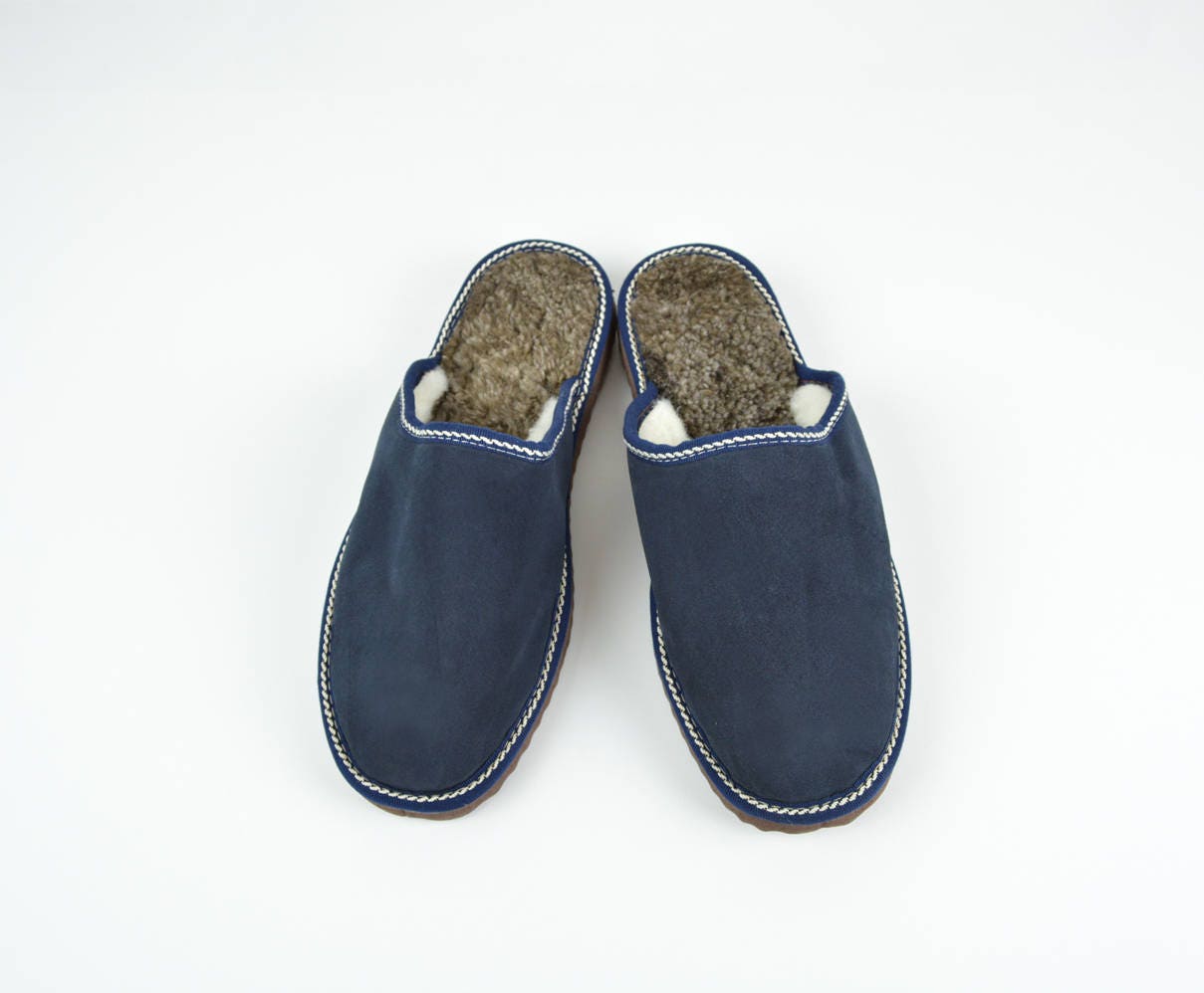 Leather slippers for men made of blue leather on top and white Etsy