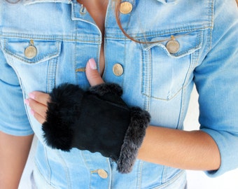 Guantes sin dedos de cuero para mujer en color negro confeccionados con piel de oveja y piel. Guantes de piel de cizalla hechos a mano, un gran regalo para ella