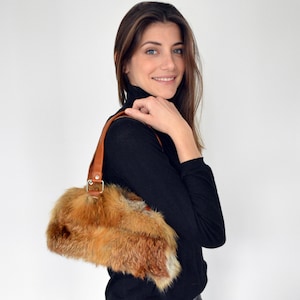 Small Shoulder Bag for women made with real brown fox fur and leather shoulder belts. Totally handmade womens handbag, a great gift for her