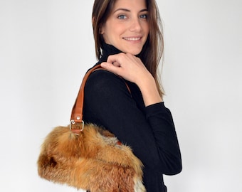 Small Shoulder Bag for women made with real brown fox fur and leather shoulder belts. Totally handmade womens handbag, a great gift for her