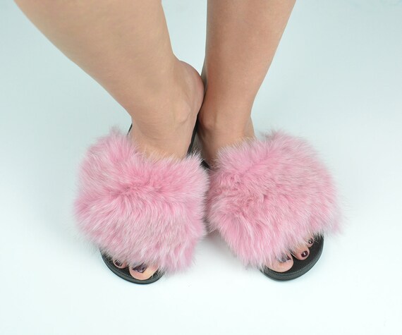 Pink Fur Slides For Women Made With Genuine Fox Fur And Rubber Etsy