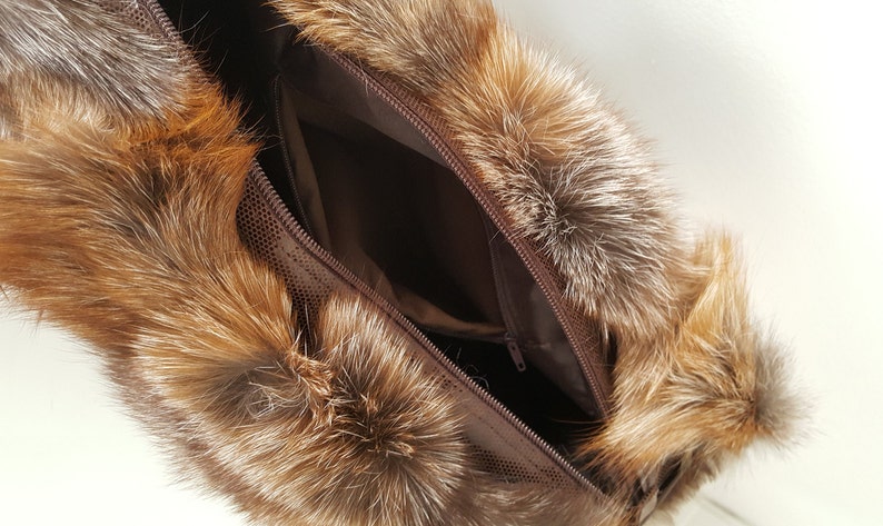 Shoulder Bag for women made with real brown fox fur and leather shoulder belts. Totally handmade womens handbag, a great gift for her image 5