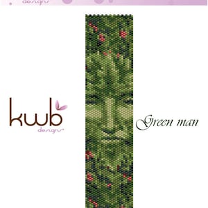 Peut inclure: Modèle de perlage homme vert avec un visage vert et brun et des baies rouges. Le motif est de KWB Designs.