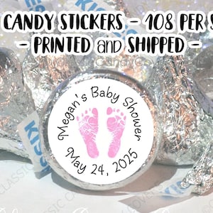Baby Girl Pink Footprints, Baby Shower Hershey Kisses Stickers & Labels for new baby, baby shower, baby sprinkle, party favor ideas & decorations, candy bars, candy table, favor bags, dessert tables or use for Guess how many Kisses? Baby Girl shower game