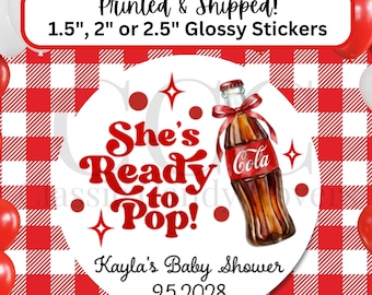She's Ready to Pop! Baby Shower Stickers | Red Cola Soda Pop Party Favor Stickers | Personalized Glossy Labels - Printed & Shipped