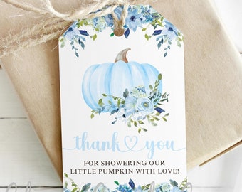 Etiqueta de regalo de agradecimiento para baby shower de niño pequeño con diseño de calabaza, flores de acuarela azules, archivo PDF de descarga instantánea digital no personalizada