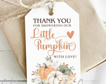 Etiqueta de regalo de agradecimiento para baby shower con diseño de nuestra pequeña calabaza, flores de acuarela otoñal, archivo PDF de descarga instantánea digital no personalizada