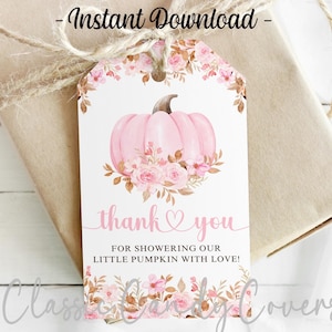 Etichetta regalo di ringraziamento per baby shower con piccola zucca, fiori rosa ad acquerello, file PDF digitale non personalizzato da scaricare immediatamente