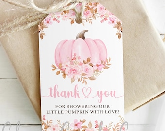 Little Pumpkin Baby Girl Baby Shower Favor Thank You Gift Tag, Pink Watercolor Florals, Non-Personalized Digital Instant Download PDF File