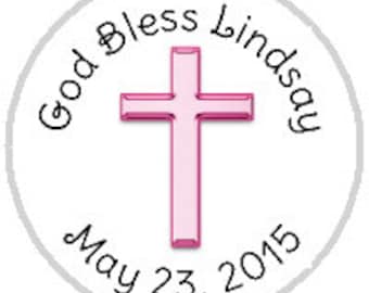 Pink Cross Communion Baptism Christening Candy Stickers - fits Hershey Kisses® - 108 stickers per sheet