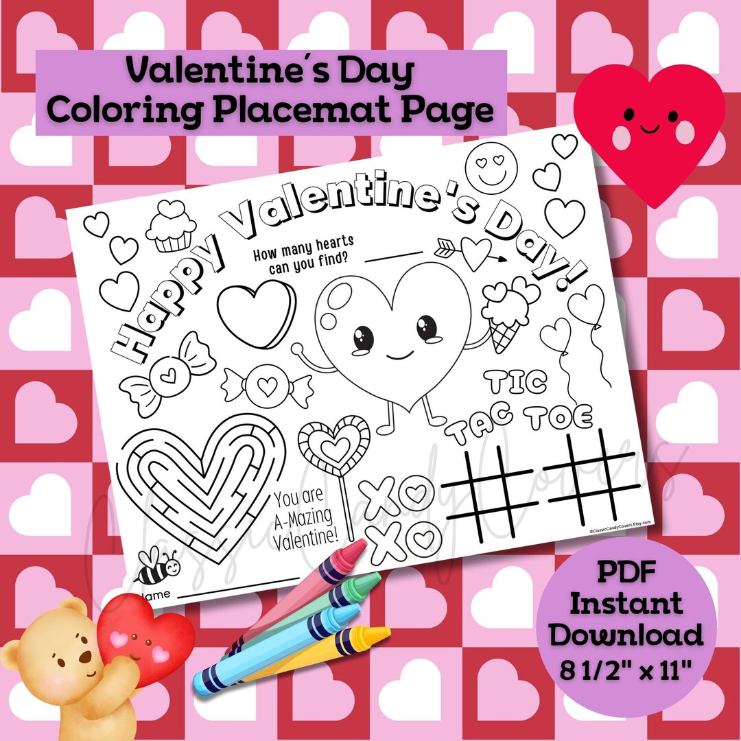 Kids Valentine's Day Coloring Activity Placemat, Printable Preschool ...