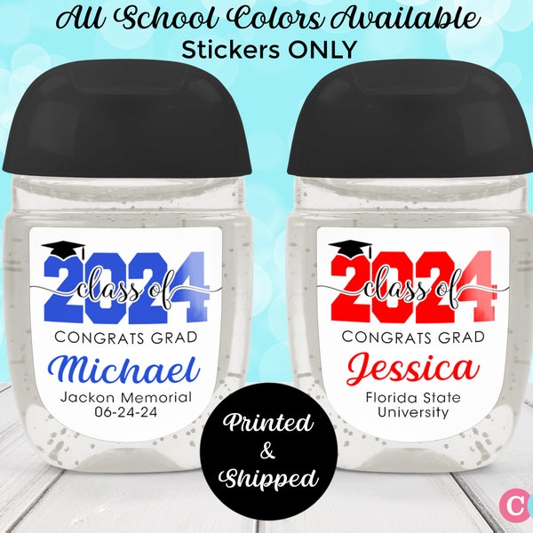 Class of 2024 Graduation Custom Hand Sanitizer Party Favor Labels Stickers - Set of 30 Stickers per sheet - Block Script Design GRAD110