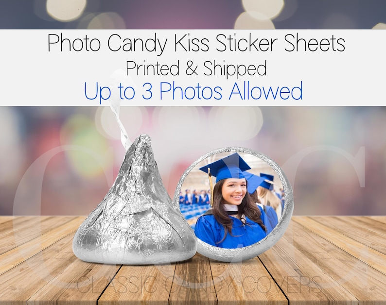 Custom Photo Hershey Kisses Candy Chocolate Drop Stickers Labels, Graduation, Bridal Shower, Baby Shower, Birthday, Retirement, Party Favors, Gift Ideas, 25th 50th Anniversary, Personalized Stickers, Pet Photos, Logos, Corporate Gift Ideas.