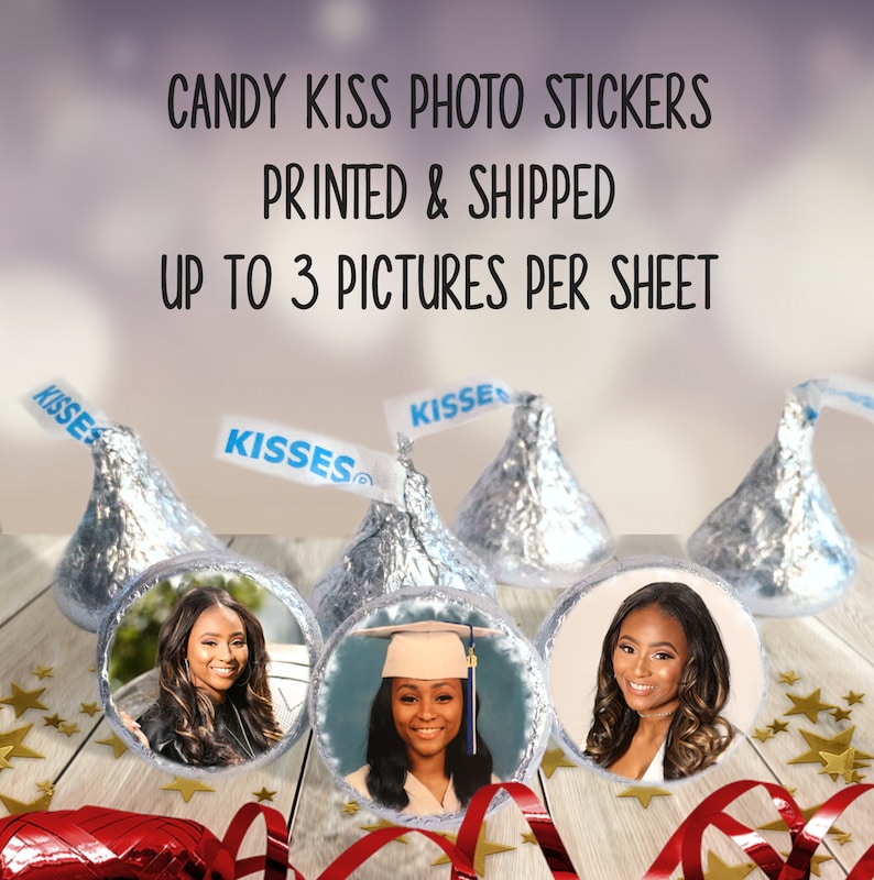 Custom Photo Hershey Kisses Candy Chocolate Drop Stickers Labels, Graduation, Bridal Shower, Baby Shower, Birthday, Retirement, Party Favors, Gift Ideas, 25th 50th Anniversary, Personalized Stickers, Pet Photos, Logos, Corporate Gift Ideas.