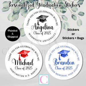 May include: Three round graduation stickers with watercolor graduation caps. The stickers say "Thank you for celebrating with me" and include the graduate's name, class year, and school. The stickers are white with black text and feature a blue, red, or black graduation cap.