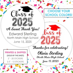 Personalized Graduation Stickers, Grad Party Favor Ideas, Thank You, Cookie, Gift Bag Stickers | All School Colors Available, Class of 2025