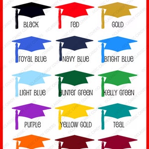 K&ouml;nnte beinhalten: Silhouetten von Abschlusskappen in verschiedenen Farben, darunter Schwarz, Rot, Gold, K&ouml;nigsblau, Marineblau, Hellblau, J&auml;gergr&uuml;n, Kellygr&uuml;n, Lila, Gelb, T&uuml;rkis, Orange, Rotbraun und Burgunder.