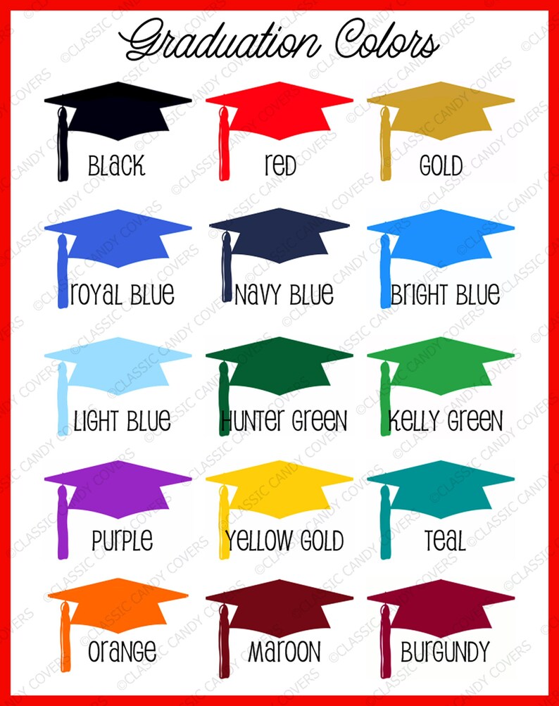 K&ouml;nnte beinhalten: Silhouetten von Abschlusskappen in verschiedenen Farben, darunter Schwarz, Rot, Gold, K&ouml;nigsblau, Marineblau, Hellblau, J&auml;gergr&uuml;n, Kellygr&uuml;n, Lila, Gelb, T&uuml;rkis, Orange, Rotbraun und Burgunder.