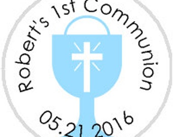 Blue Communion Boy Chalice Candy Favor Stickers - fits Hershey Kisses® - 108 stickers per sheet