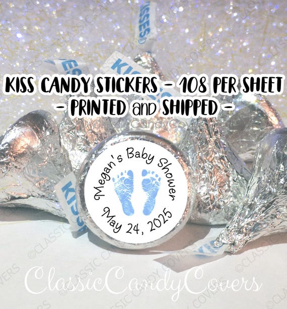 Baby Boy Blue Footprints, Baby Shower Candy Stickers for Hershey Kisses® - 108 Candy Kiss Stickers per Sheet, Peel & Stick Labels