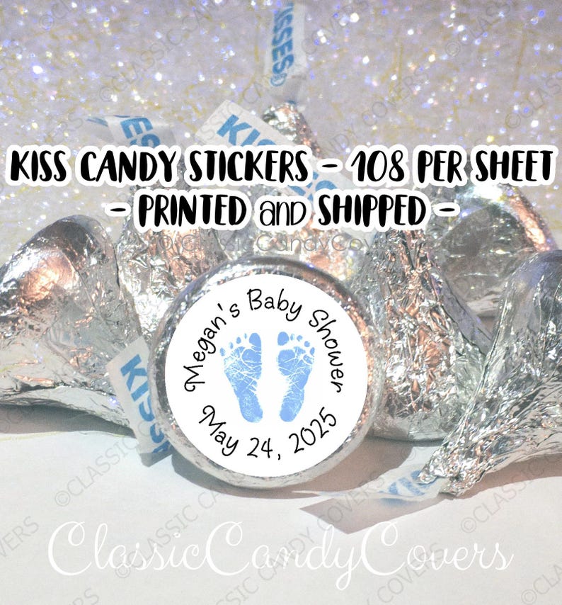 Baby Boy Blue Footprints, Baby Shower Hershey Kisses Stickers & Labels for new baby, baby shower, baby sprinkle, party favor ideas & decorations, candy bars, candy table, favor bags, dessert tables or use for Guess how many Kisses? Baby Boy shower game