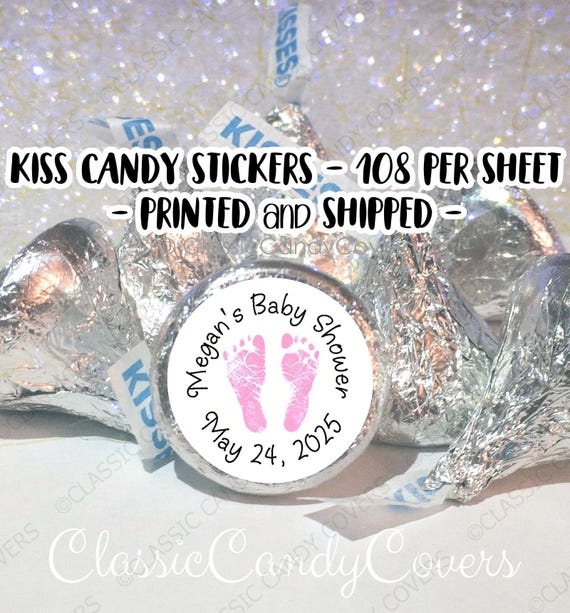 Baby Girl Pink Footprints, Baby Shower Chocolate Candy Stickers for Hershey Kisses® - 108 Candy Kiss Stickers per Sheet, Peel & Stick Labels