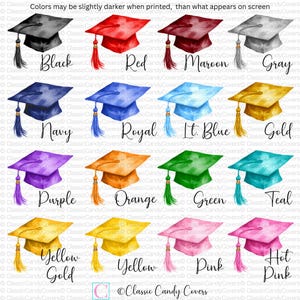 Classic Candy Covers GRAD CAP COLOR CHART for Graduation Stickers, A Sweet Ending to a New Beginning, Thank you stickers, One Smart Cookie Stickers, Grad Party Favors, Grad Favor Treat Bags, Candy Labels, Popcorn Stickers, Cupcake Toppers, Envelope Seals, Class of 2025