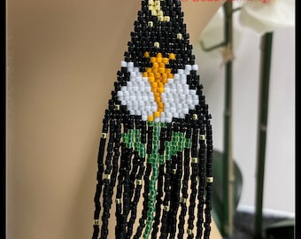 White Tulip Seed Bead Fringe Earrings - Brick Stitch Beadwork - Dangle Jewelry