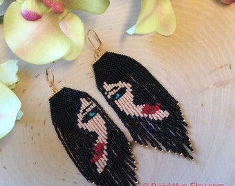 Boho Abstract Face Seed Bead Earrings - Brick Stitch Beadwork - Dangle Jewelry