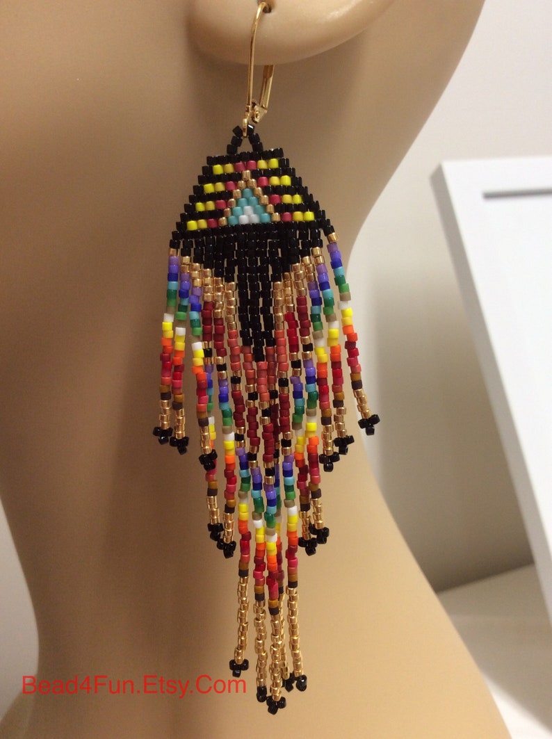 Seed Beaded Earrings Name: Rainbow Art Fringe Earrings - Etsy