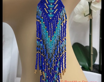 Blue Seed Bead Extra Long Fringe Earrings - Brick Stitch Beadwork - Dangle Jewelry