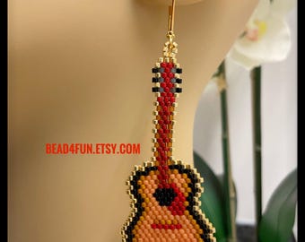 Guitar Seed Beaded Earrings - Western Jewelry - Brick Stitch Beadwork