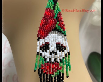 Skull Rose Seed Bead Fringe Earrings - Brick Stitch Beadwork - Dangle Jewelry