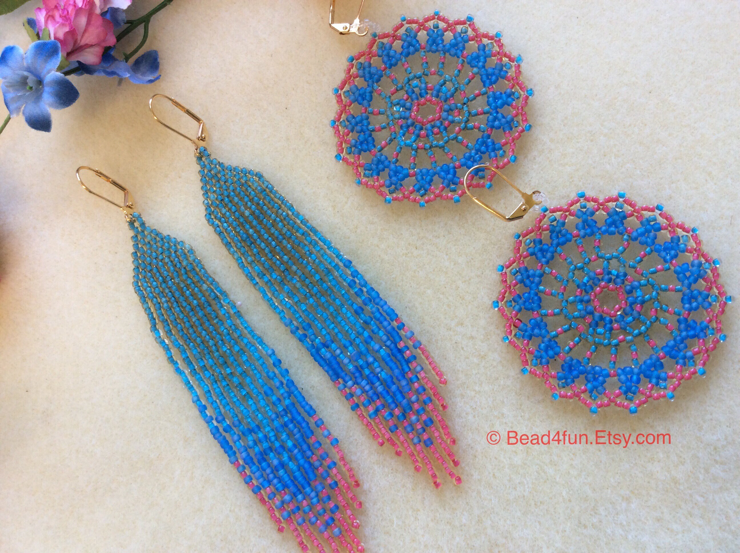 Seed Beaded Earring Set, Mandala Earring, Beaded Fringe Earring, Western Boho Style, Beaded Peyote Flower Earrings, Hoop Earrings, Bead4fun