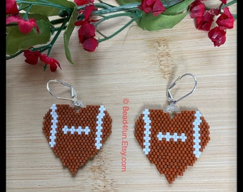 Brown Football Heart-Shaped Seed Bead Earrings - Football Mom - Sports Dangle Jewelry