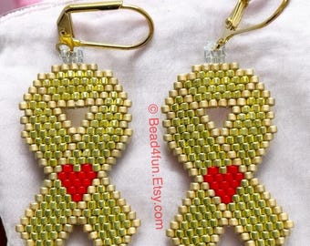 Gold Childhood Cancer Awareness Ribbon Seed Bead Earrings - Brick Stitch Beadwork - Cancer Support Jewelry