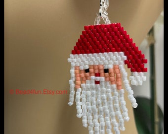 Santa Seed Bead Fringe Earrings - Brick Stitch Beadwork - Christmas Dangle Jewelry