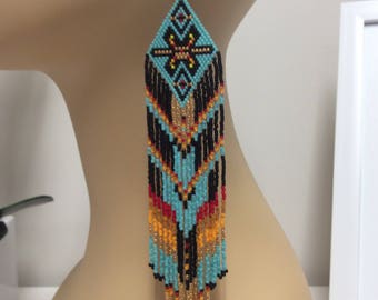 Western Boho Extra Long Seed Bead Fringe Earrings - Brick Stitch Beadwork - Cowgirl Jewelry